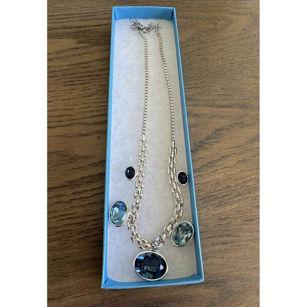Touchstone Crystal Interweave Necklace Blue Rhodium Plated 15"-18"‎ Chain NEW